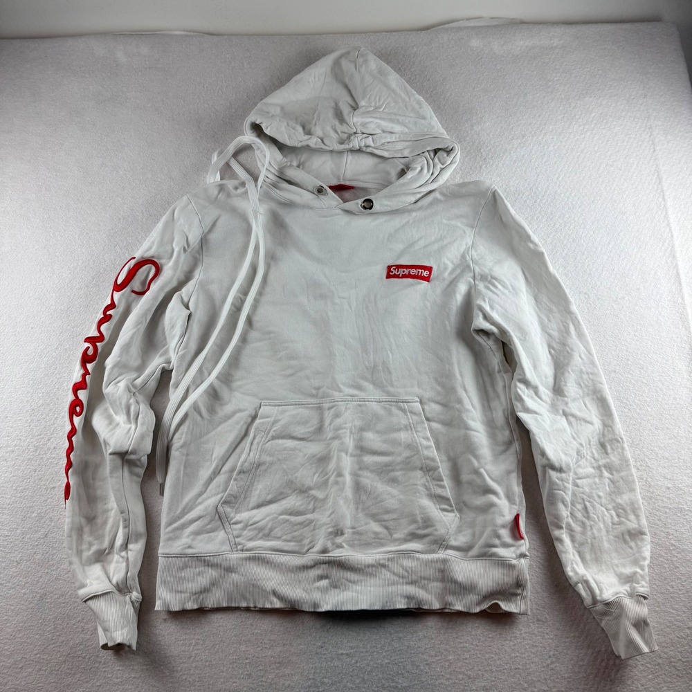 Supreme Spain White Red Box Logo Script Sleeve Hoodie Pullover Mens M